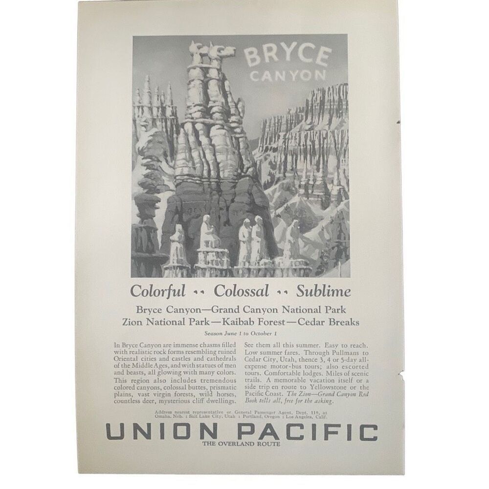 Vintage 1927 Union Pacific Bryce Canyon Ad Advertisment
